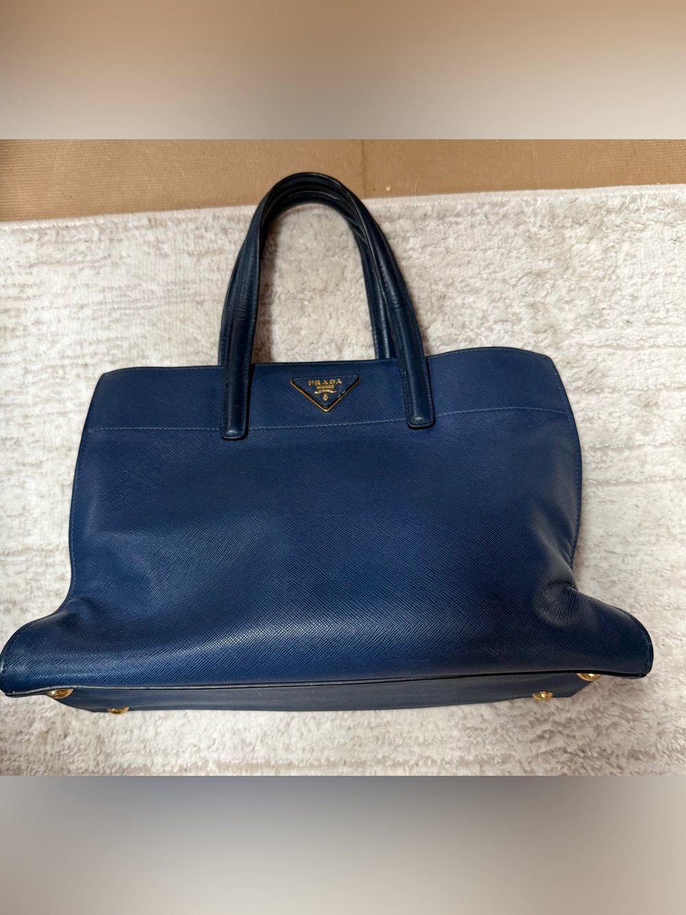 Authentic Prada Navy Leather Saffiano Bag with Gold tone detailing!